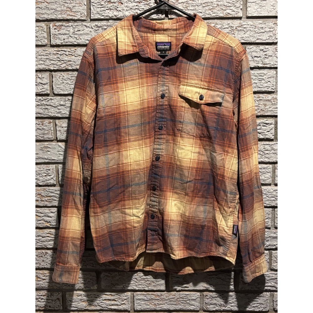 Patagonia Mens Fjord Flannel Organic Cotton Plaid Shirt Orange Yellow Size M
